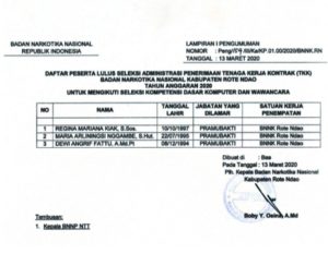 Pengumuman Hasil Seleksi Administrasi Penerimaan Tenaga Kerja Kontrak BNNK Rote Ndao Tahun Anggaran 2020