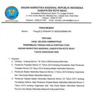 Pengumuman Hasil Seleksi Administrasi Penerimaan Tenaga Kerja Kontrak BNNK Rote Ndao Tahun Anggaran 2020