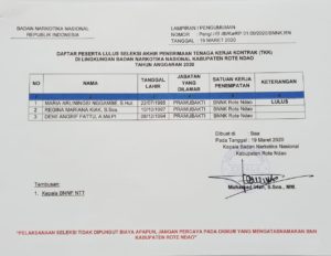 Pengumuman Tentang Hasil Seleksi Akhir Penerimaan Tenaga Kerja Kontrak (TKK) di Lingkungan Badan Narkotika Nasional Kabupaten Rote Ndao Tahun Anggaran 2020