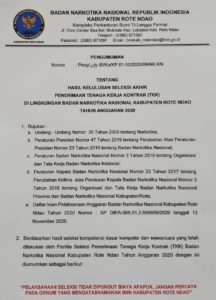 Pengumuman Tentang Hasil Seleksi Akhir Penerimaan Tenaga Kerja Kontrak (TKK) di Lingkungan Badan Narkotika Nasional Kabupaten Rote Ndao Tahun Anggaran 2020 Pengumuman Tentang Hasil Seleksi Akhir Penerimaan Tenaga Kerja Kontrak (TKK) di Lingkungan Badan Narkotika Nasional Kabupaten Rote Ndao Tahun Anggaran 2020