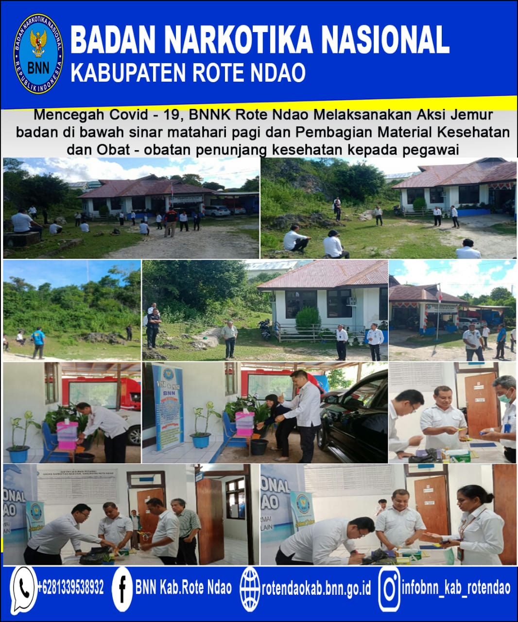 Mencegah Covid - 19, BNNK Rote Ndao Melaksanakan aksi Jemur badan dibawah sinar matahari pagi dan pembagian material kesehatan dan obat-obatan penunjang kesehatan kepada pegawai Mencegah Covid - 19, BNNK Rote Ndao Melaksanakan aksi Jemur badan dibawah sinar matahari pagi dan pembagian material kesehatan dan obat-obatan penunjang kesehatan kepada pegawai