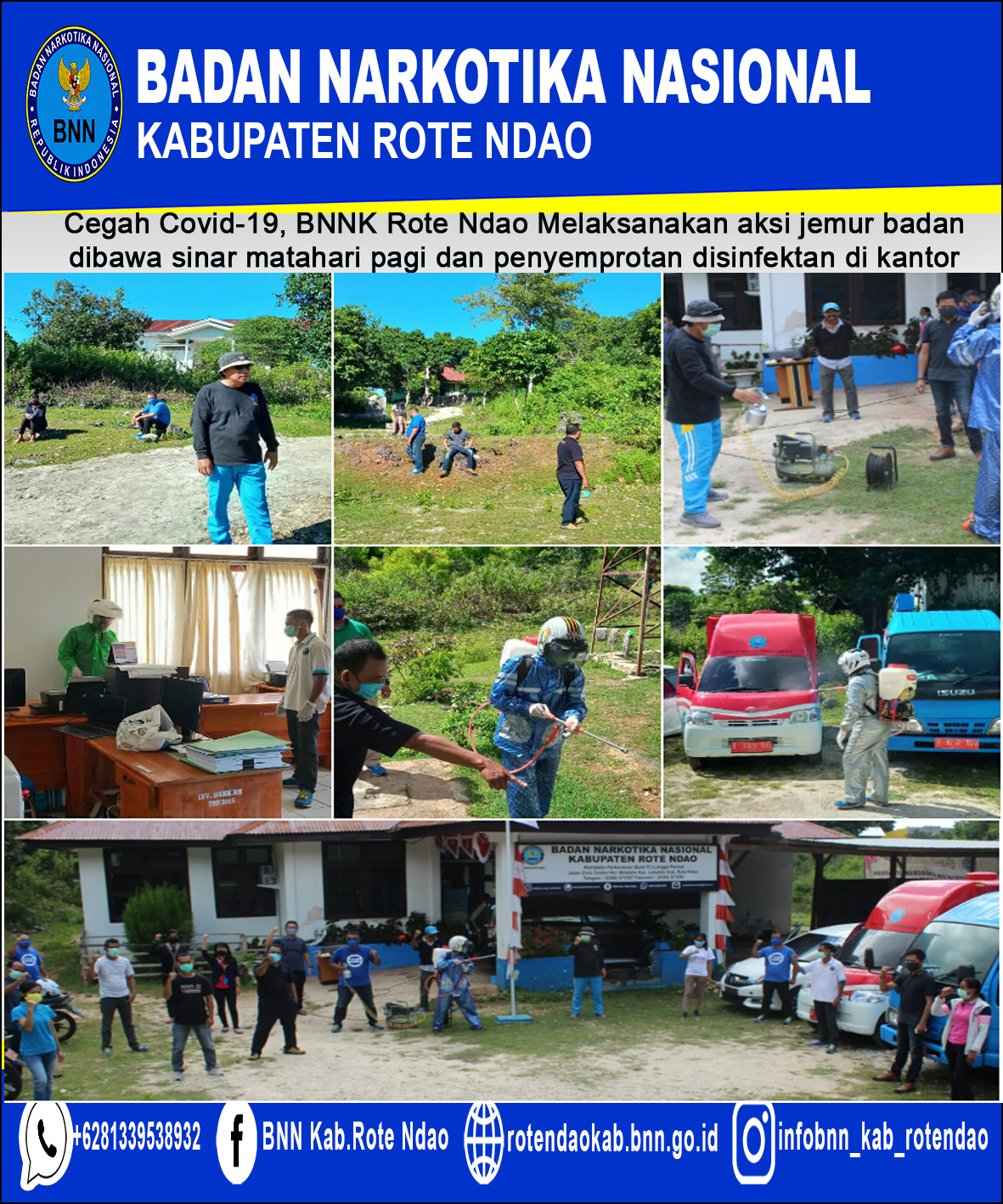 Cegah Covid - 19, Pegawai BNNK Rote Ndao Melaksanakan aksi jemur badan dibawah sinar matahari pagi dan Penyemprontan Disinfektan di Kantor Cegah Covid - 19, Pegawai BNNK Rote Ndao Melaksanakan aksi jemur badan dibawah sinar matahari pagi dan Penyemprontan Disinfektan di Kantor