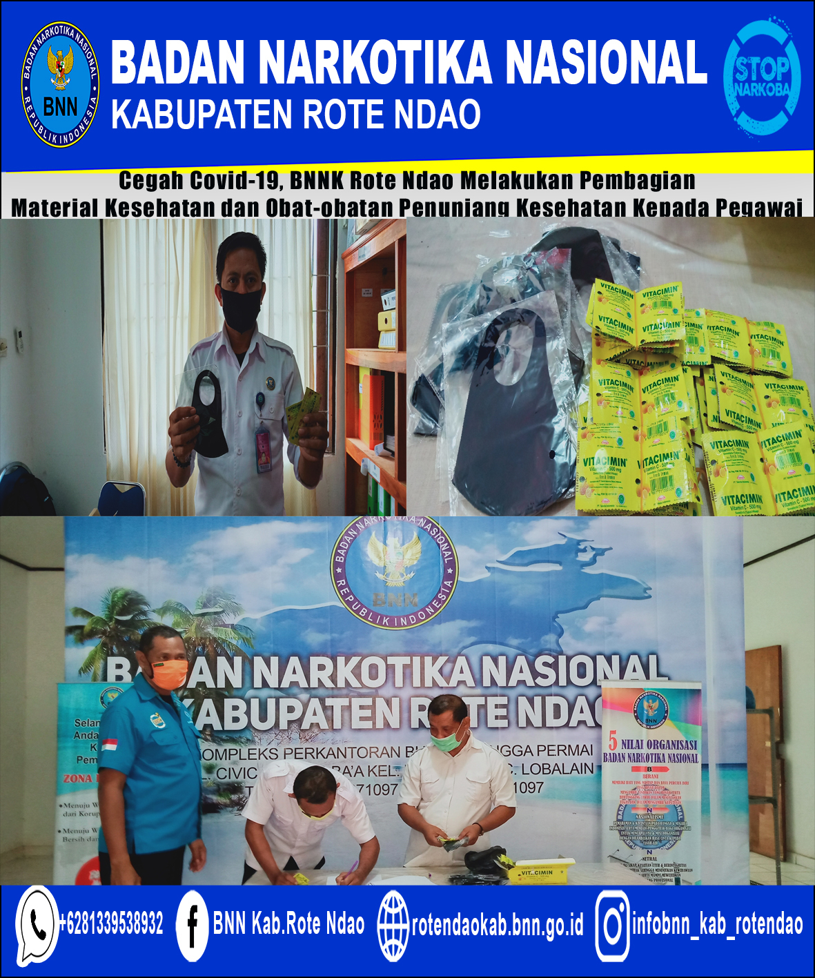 Cegah Covid - 19, BNNK Rote Ndao melakukan pembagian material kesehatan dan obat penunjang kesehatan kepada pegawai Cegah Covid - 19, BNNK Rote Ndao melakukan pembagian material kesehatan dan obat penunjang kesehatan kepada pegawai
