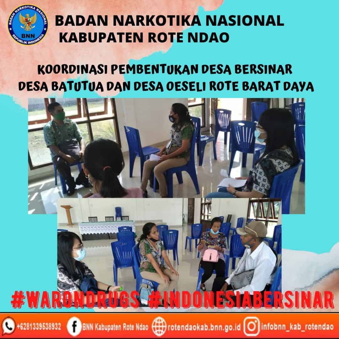 Koordinasi dengan Desa Batutua dan Desa Oeseli terkait Pembentukan Desa Bersinar Koordinasi dengan Desa Batutua dan Desa Oeseli terkait Pembentukan Desa Bersinar Rabu, 21 April 2021 mulai pukul 10.00 Wita bertempat di Kantor Camat Rote Barat Daya dilakukan koordinasi pembentukan desa bersinar. Sub Koordinator Seksi P2M BNNK Rote Ndao Ibu Reyza N. Johannis, S.KM bersama tim melakukan koordinasi awal dengan Kepala Desa Batutua Bapak Maxi Narang dan Kepala Desa Oeseli Bapak Jemi A. Mooy. Pada koordinasi tersebut membicarakan tentang rencana pembentukan desa bersih narkoba di desa batutua dan desa oeseli rote barat daya dan diterima dengan baik oleh kepala desa batutua dan kepala desa oeseli. Hal ini dilakukan untuk mencegah peredaran gelap narkoba dilingkungan desa. Dengan terlaksananya koordinasi awal ini, diharapakan semua pihak terkait saling mendukung untuk terbentuknya desa bersinar untuk melindungi masyarakat dari penyalahgunaan narkoba. #War On Drugs #Indonesia Bersinar