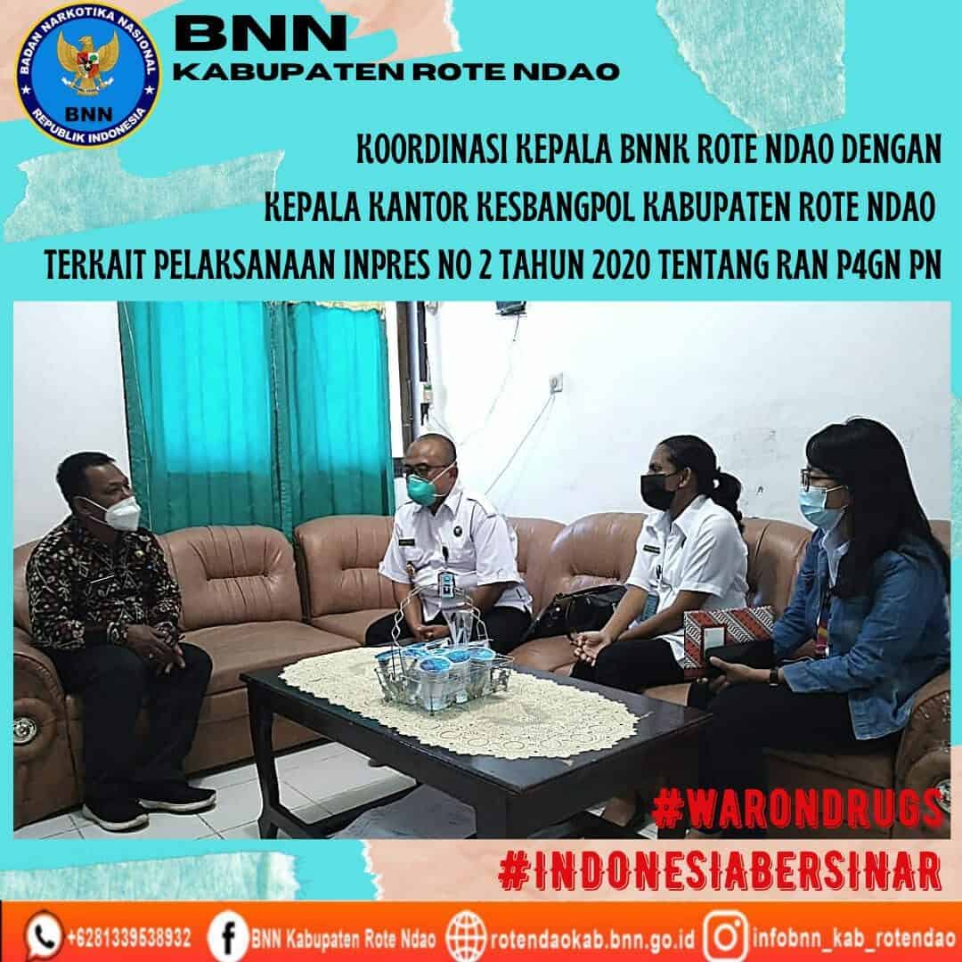 Kepala BNNK Rote Ndao melakukan koordinasi dengan Kepala Kantor Kesbangpol terkait Pelaksanaan Inpres Nomor 2 Tahun 2020 tentang RAN P4GN dan PN Kepala BNNK Rote Ndao melakukan koordinasi dengan Kepala Kantor Kesbangpol terkait Pelaksanaan Inpres Nomor 2 Tahun 2020 tentang RAN P4GN dan PN