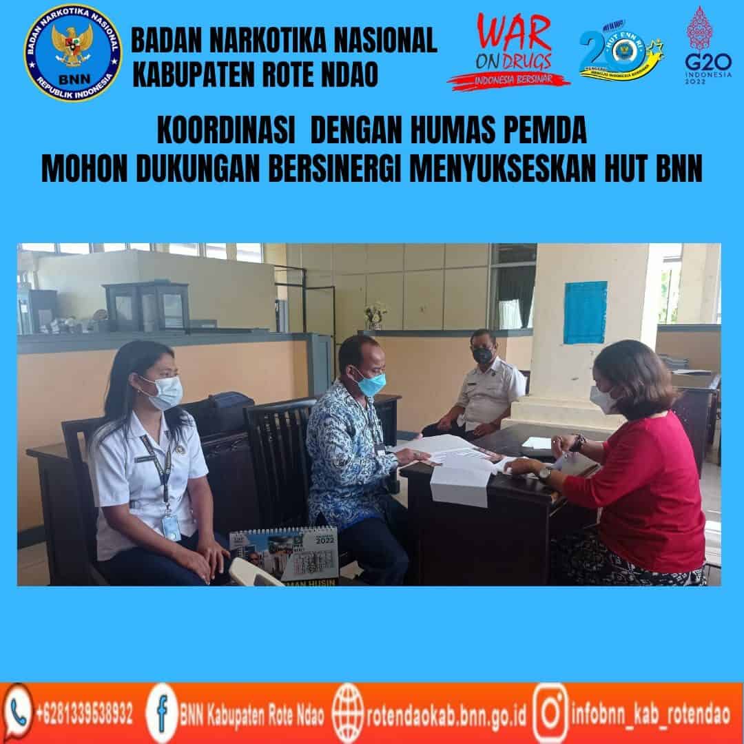 Koordinasi dengan Humas Pemda Rote Ndao bersinergi menyukseskan HUT BNN RI.