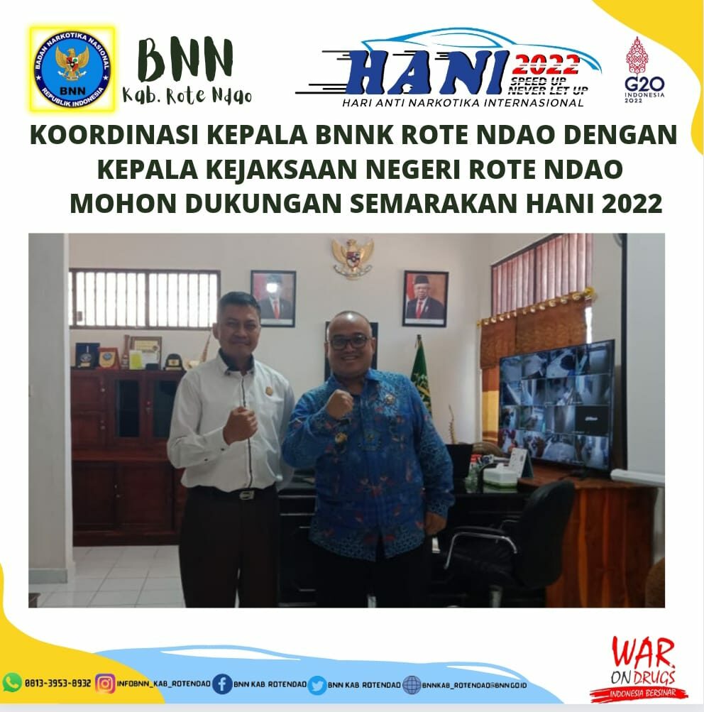 Kepala BNNK Rote Ndao koordinasi dengan Kepala Kejaksaan Negeri Rote Ndao mohon dukungan semarakan HANI 2022. Kepala BNNK Rote Ndao koordinasi dengan Kepala Kejaksaan Negeri Rote Ndao mohon dukungan semarakan HANI 2022.