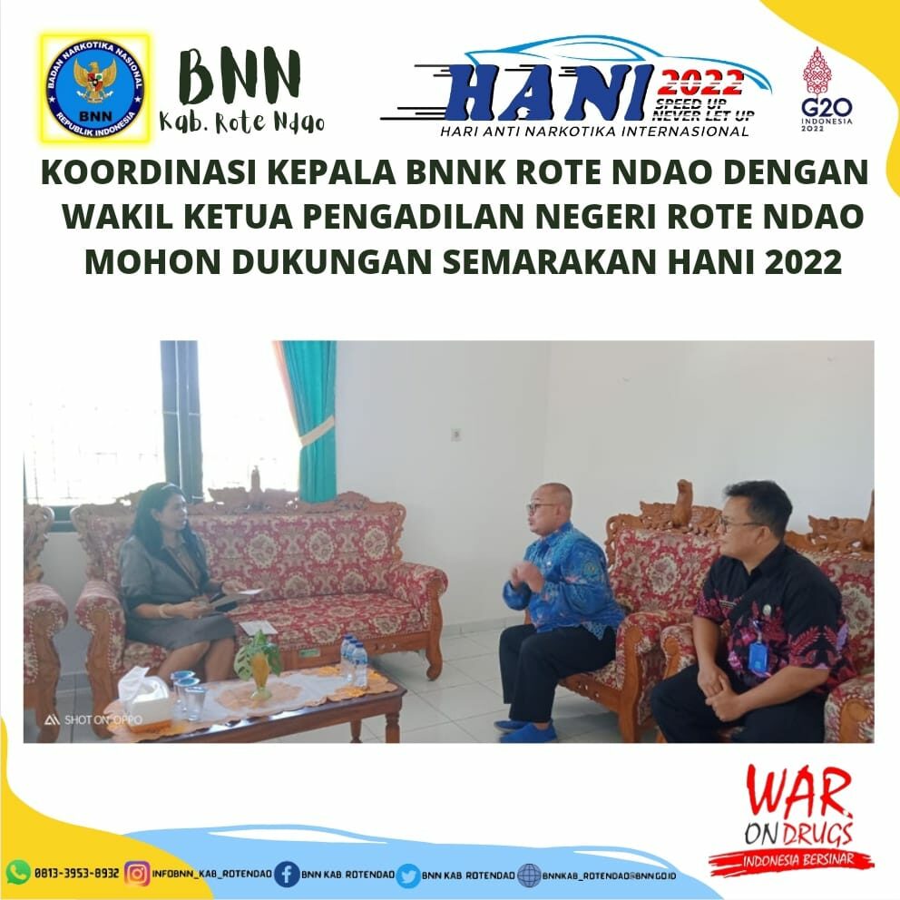 Kepala BNNK Rote Ndao koordinasi dengan Wakil Ketua Pengadilan Negeri Rote Ndao mohon dukungan semarakan HANI 2022. Kepala BNNK Rote Ndao koordinasi dengan Wakil Ketua Pengadilan Negeri Rote Ndao mohon dukungan semarakan HANI 2022.