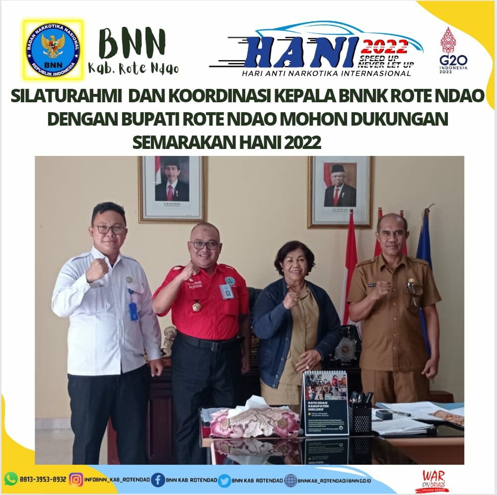 Silaturahmi dan Koordinasi Kepala BNNK Rote Ndao dengan Bupati Rote Ndao mohon dukungan semarakan HANI 2022. Silaturahmi dan Koordinasi Kepala BNNK Rote Ndao dengan Bupati Rote Ndao mohon dukungan semarakan HANI 2022.