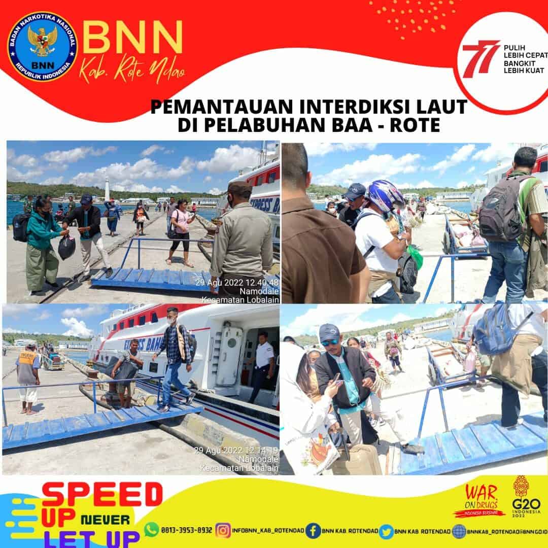 Seksi Pemberantasan Melaksanakan Pemantauan Interdiksi Laut di Pelabuhan Laut Baa - Rote Ndao Senin, 29 Agustus 2022 Waktu : Pukul : 12.00 Wita s.d selesai C. TEMPAT PELAKSANAAN Pelabuhan Baa Rote Ndao D. KEGIATAN Dalam mendukung program P4GN di Kabupaten Rote Ndao, maka Tim Pemberantasan BNNK Rote Ndao melaksanakan Pemantauan Interdiksi Laut di Pelabuhan Laut Ba’a Rote Ndao yang di laksanakan oleh Karel J.A. Ndaomanj dan Eman Daepanie. Jumlah penumpang Expres Bahari Tujuan Kupang – Rote sebanyak 127 orang dan tujuan Rote – Kupang sebanyak 142 orang. Kegiatan ini berjalan dengan baik dan lancar dengan tetap memperhatikan protokol kesehatan. Demikian yang dapat dilaporkan dan dokumentasi kegiatan terlampir. #warondrugs #peranginarkoba #Indonesiabersinar