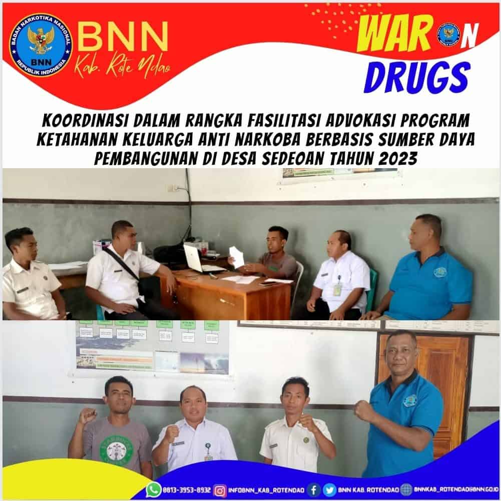 Koordinasi dalam rangka Fasilitasi advokasi program ketahanan keluarga anti narkoba berbasis sumber daya pembangunan desa tahun 2023 di Desa Sedeoen Rote Barat Koordinasi dalam rangka Fasilitasi advokasi program ketahanan keluarga anti narkoba berbasis sumber daya pembangunan desa tahun 2023 di Desa Sedeoen Rote Barat