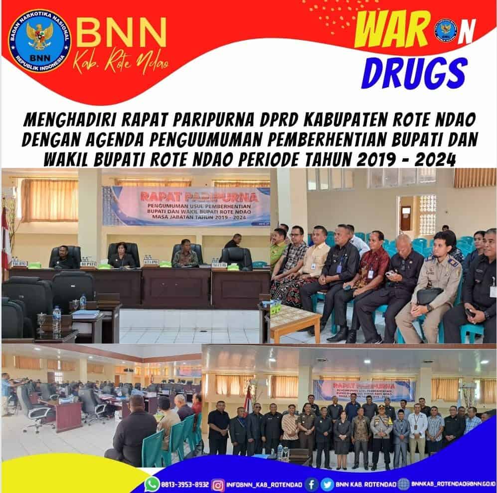 Menghadiri Rapat Paripurna DPRD Kabupaten Rote Ndao dengan Agenda Pengumuman Pemberhentian Bupati dan Wakil Bupati Rote Ndao Masa Jabatan Tahun 2019 – 2024. ntuk menjaga kebugaran serta kesehatan pegawai, BNNK Rote Ndao melaakan kegiatan pembinaan Jasmani atau olahraga senam pagi bersama yang di pandu oleh instruktur Erlindazumba, dengan penuh semangat dan gembira pada kegiatan olahraga bersama diikuti oleh semua pegawai. Olahraga bersama ini, bertujuan untuk dapat menjaga kebugaran dan kesehatan pegawai agar tetap sehat, sekaligus membangun hubungan tali silahturahmi antar Pegawai BNNK Rote Ndao agar selalu kompak dalam melaksanakan tugas. Demikian yang dapat dilaporkan dan dokumentasi kegiatan terlampir. #warondrugs #peranginarkoba #Indonesiabersina