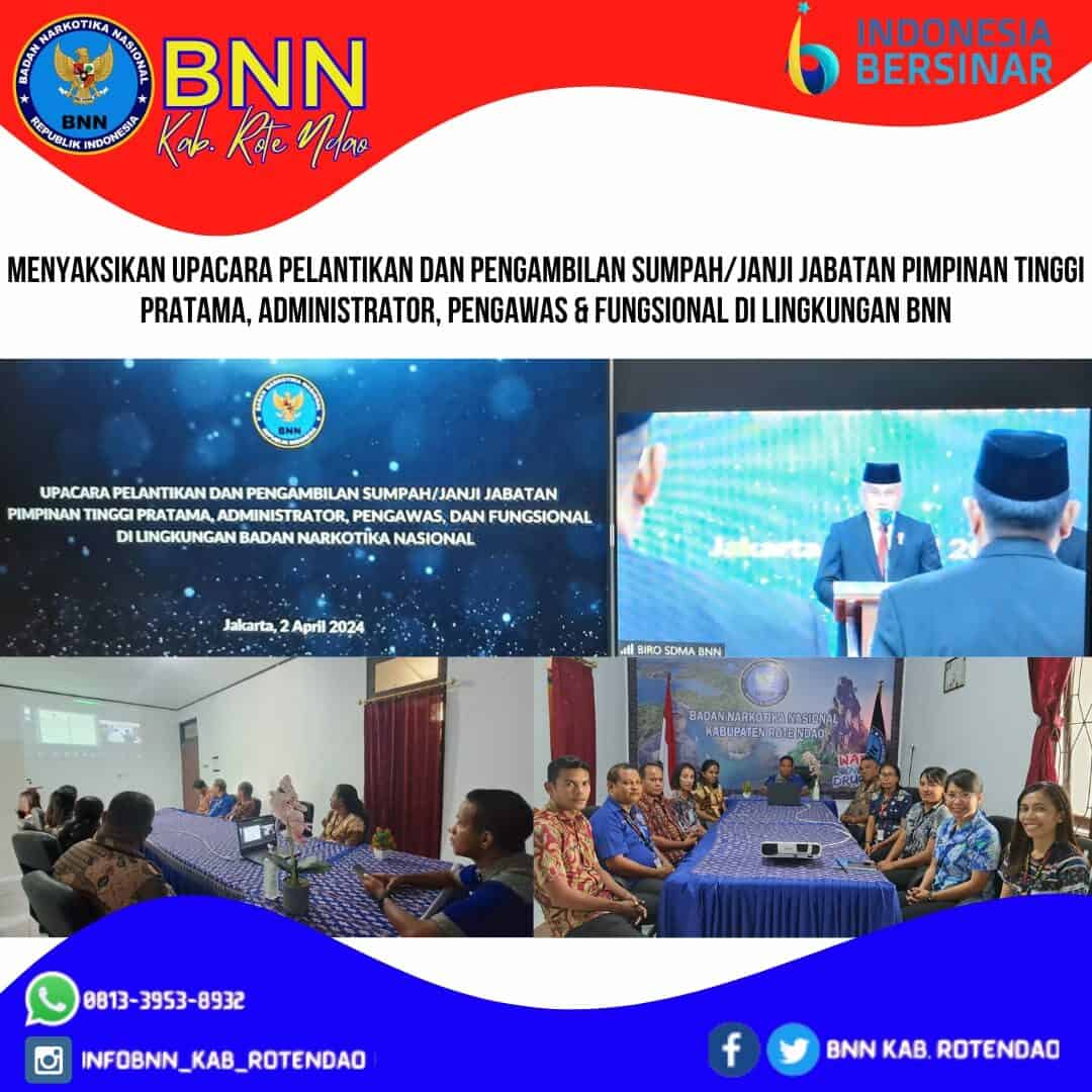 Menyaksikan Upacara Pelantikan dan Pengambilan Sumpah/Jabatan Pimpinan Tinggi Pratama, Administrator, Pengawas, dan fungsional di Lingkungan BNN RI Menyaksikan Upacara Pelantikan dan Pengambilan Sumpah/Jabatan Pimpinan Tinggi Pratama, Administrator, Pengawas, dan fungsional di Lingkungan BNN RI