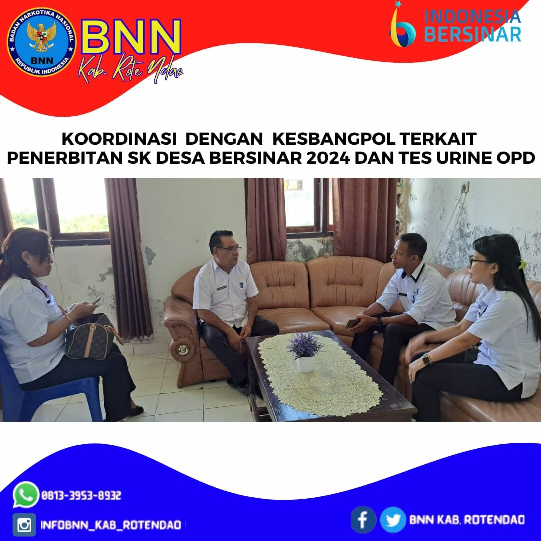 Koordinasi Plt. Kepala BNNK Rote Ndao dengan Kesbangpol terkait Penerbitan SK Desa Bersinar tahun 2024 dan Tes Urine OPD Koordinasi Plt. Kepala BNNK Rote Ndao dengan Kesbangpol terkait Penerbitan SK Desa Bersinar tahun 2024 dan Tes Urine OPD
